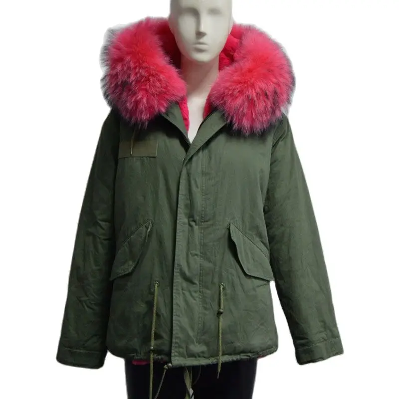 

Модная дизайнерская Короткая Меховая куртка армейского зеленого цвета, Женская парка с персиковой розовой подкладкой из искусственного меха, зимняя одежда Mrs