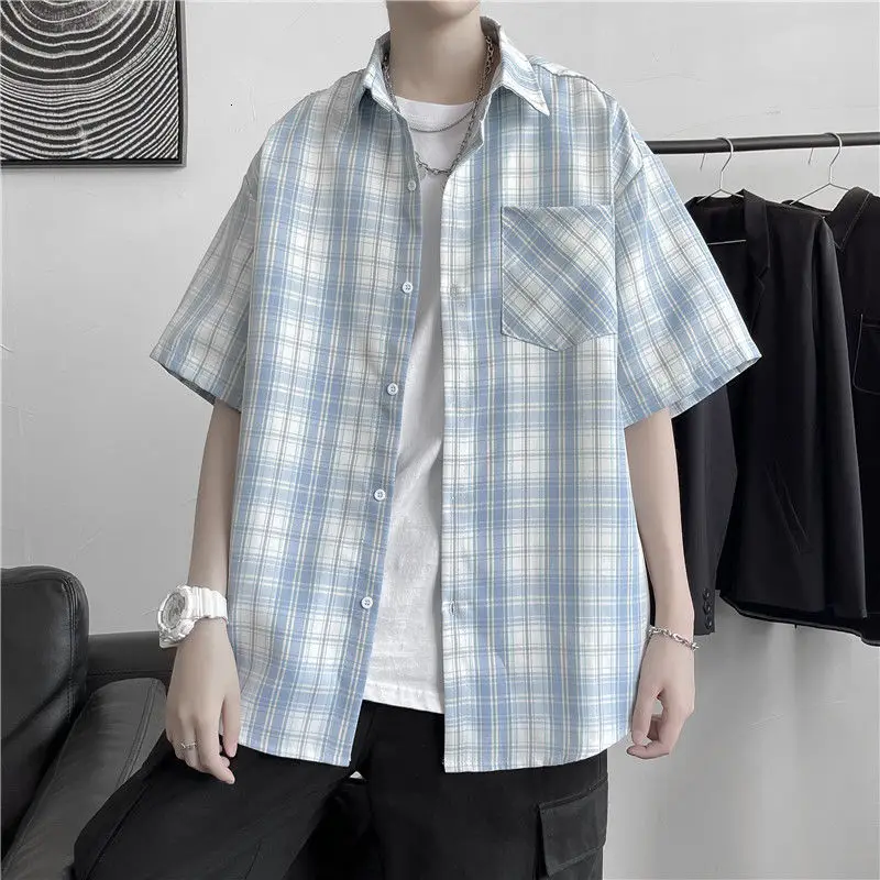 

Plaid Short-sleeved Shirts Men's Classic Trendy Loose Casual Shirt Students Clothing Tops Loose Spring Summer Thin Outerwear