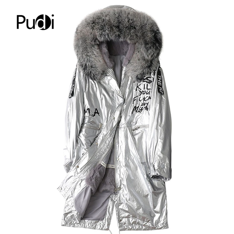 

Pudi Women Real Rabbit Fur Parka Trench Winter Female Warm Fox Collar Hooded Coat Jacket Overcoats A41652