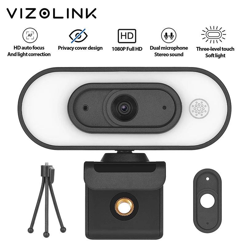 

VizoLink Webcam Camera Real 1080P Full Hd Wide Angle 3 Grades Brightness with Microphones and Tripod for Video Conference