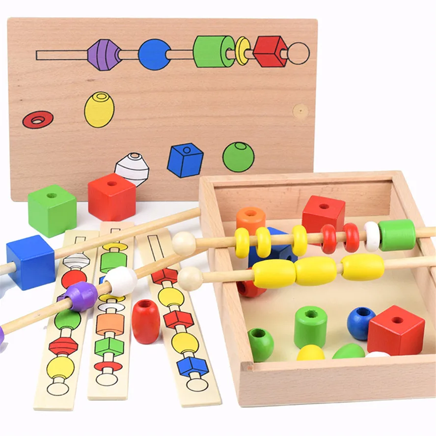 

Wooden Montessori Materials Game for Kid Children Bead Sequencing Set Colorful Shape Stick Beading Beading Block Classic Toys