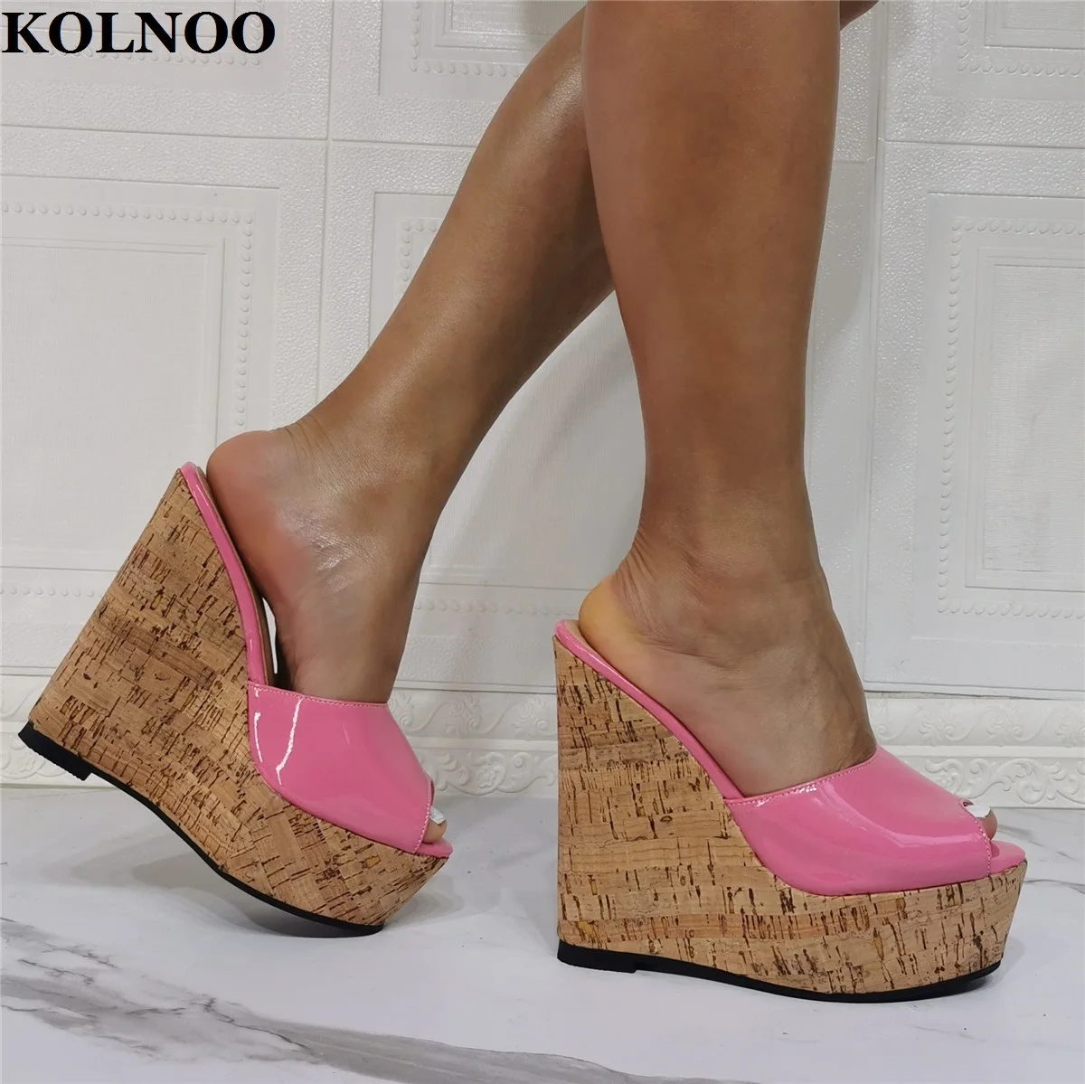 

KOLNOO New Arrival Handmade Womens Wedges Heel Slippers Peep-Toe Patent Leather Sandals Real Photos Sexy Evening Fashion Shoes