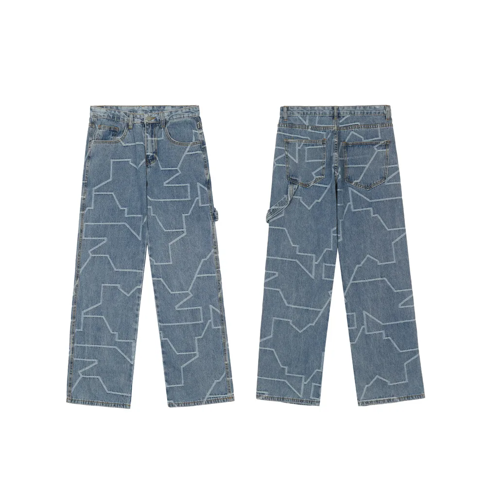 2021 New Arrival Geometry Graphic Blue Vintage Men Baggy Jeans Trousers Hip Hop Straight Casual Loose Denim Pants Pantaloni Uomo