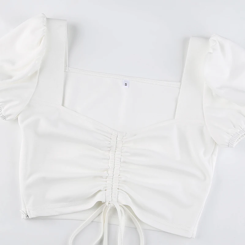 

Rockmore Drawstring Crop Top Women Casual T-shirt Square Collar Puff Sleeve T Shirts Skinny Baby Tee Shirt Y2K Streetwear Summer