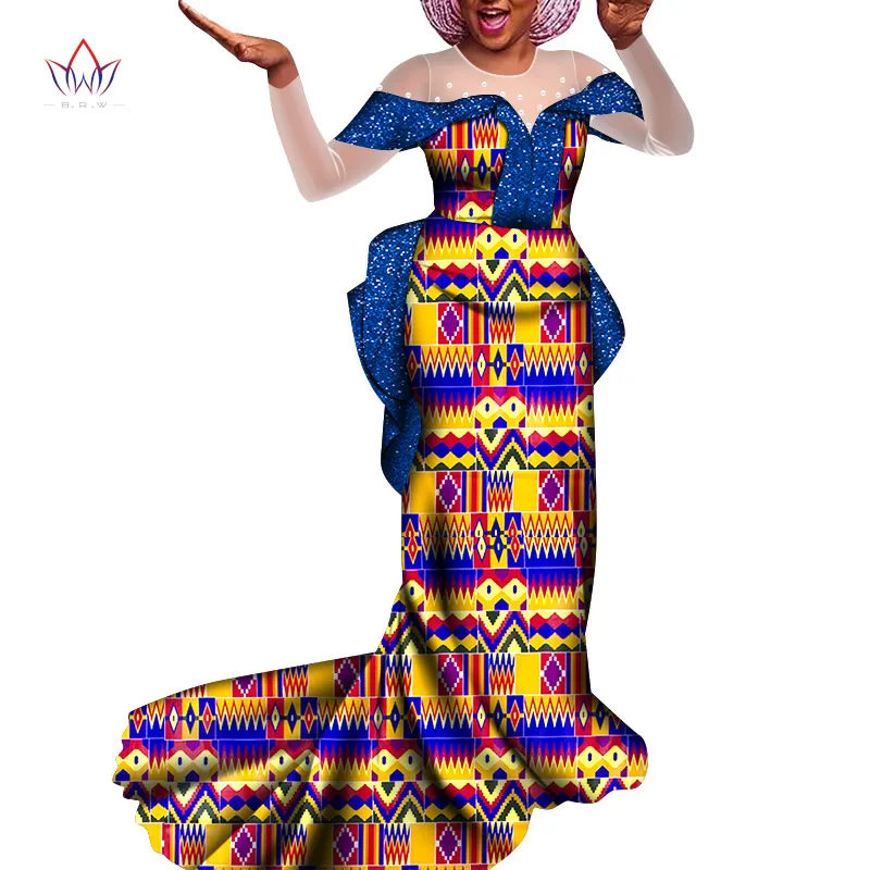Bintarealwax Wedding Party Dashiki Floor Length Elegant Lady Clothing New Trend 2021 Peals Female African ClothingWY8534