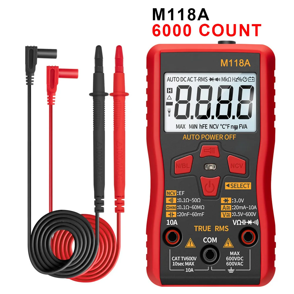 

M118A Digital Multimeter 6000 Counts Auto Mmultimetro True Rms Tranistor Meter Smart Tester with NCV Data Hold Flashlight