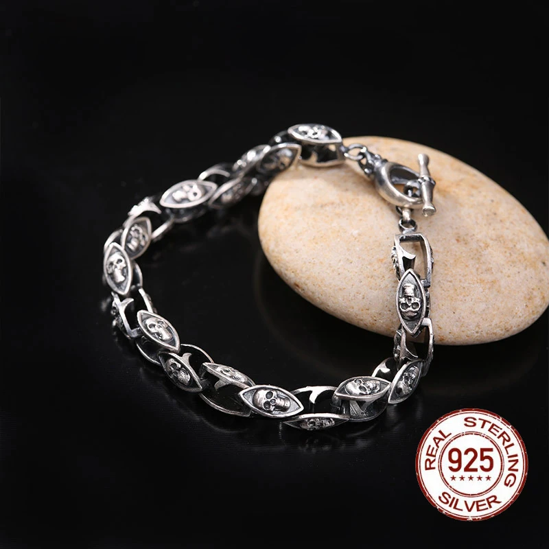 100% чистого серебра 925 глазом череп Для мужчин браслет в стиле панк-рок Цвета: