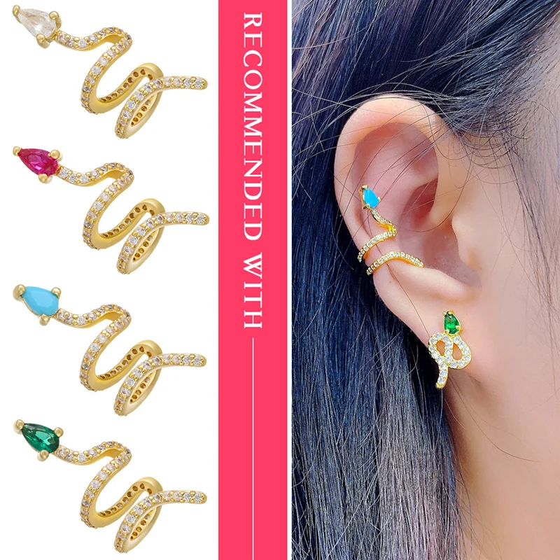 

ZHUKOU 1 piece 2020 CZ Crystal Snake Shape Ear Cuff Earring Fake piercing clips on earrings for women gold color ear Clips VE285