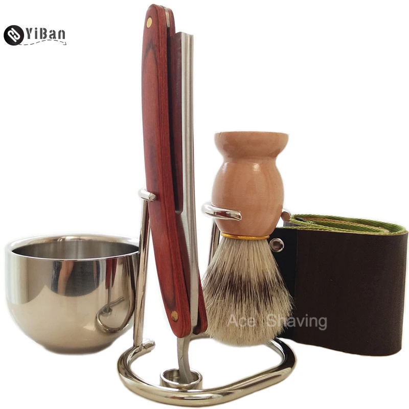 

Barber Straight Razor Folding Knife Shaving Set Stand Stainless Bowl Cup Boar Bristle Brush Holder