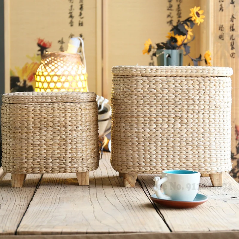 

2 in 1 Rattan Storage Stools set Solid Wood Change Shoe Stools Storage Stool Cabinet Hand-Knitted Sofa Stool Bearing 150kg