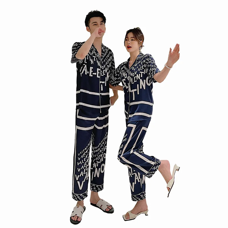 

Women Satin 2PCS Pj's Sets Lovers' Pajamas Suit With Trouers Lapel Nightwear Print Letter Pyjamas Pour Femme Casual Sleepwear