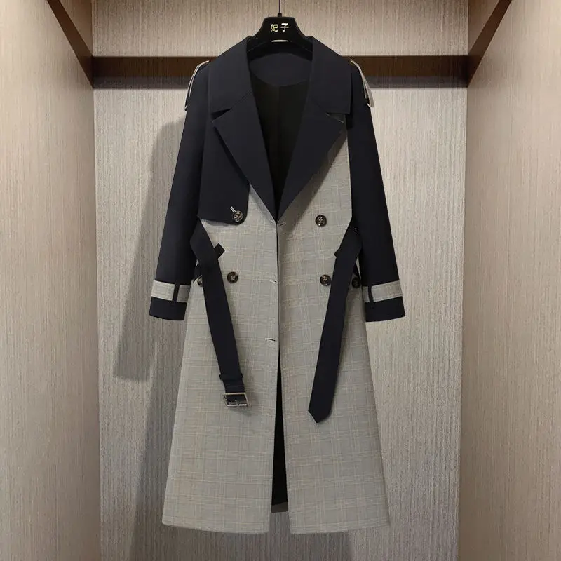 

2021 Autumn And Winter High-Quality Mid-Length Ladies Windbreaker Double-Breasted Fashion Plaid Color Matching Jacket Women