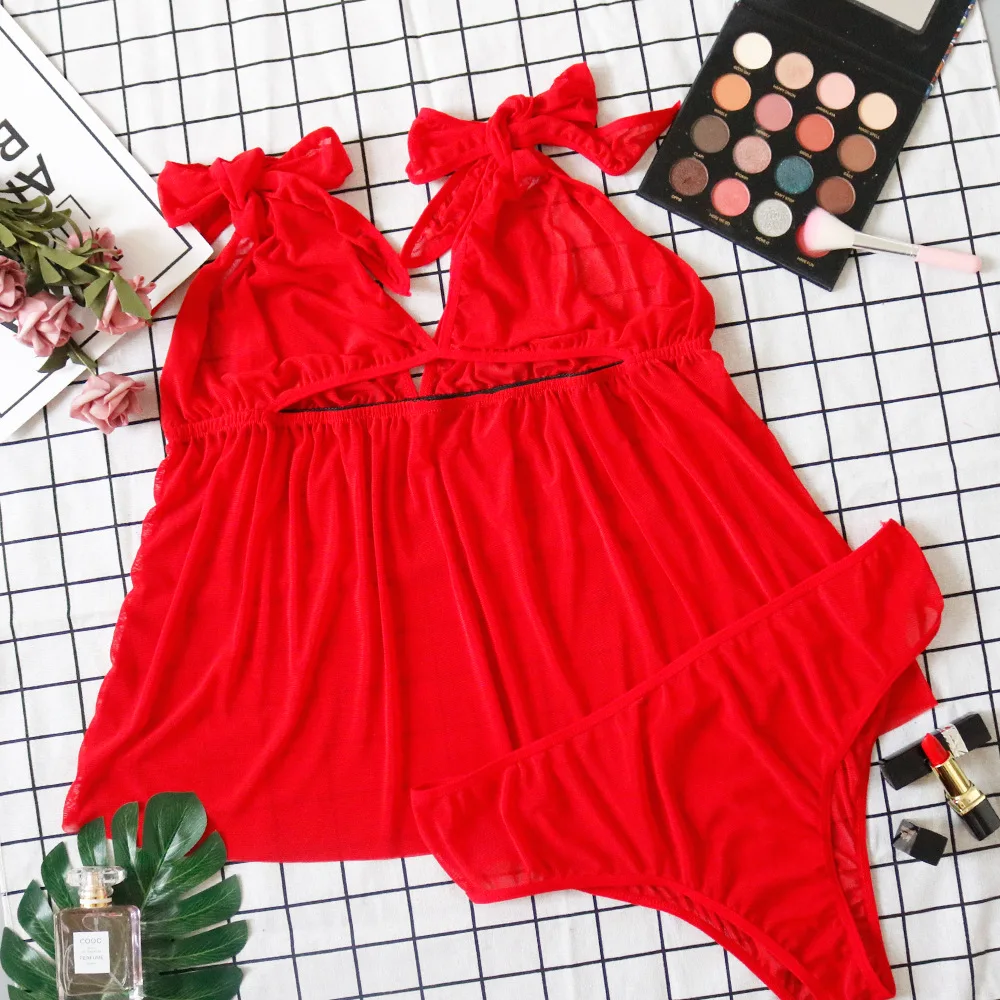 

2020 New Plus Size Solid Black Blue Red Sexy Underwear Women Sets Mesh Deep V-neck Sexy Erotic Dress+G-String 3XL-5XL