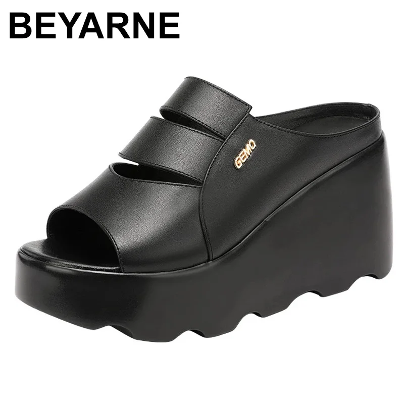 

BEYARNE Big Size Fashion2021Women Slippers High Heels Cutout Split Leather Shoes Female Platform Wedge Slippers Soft Bottom Shoe