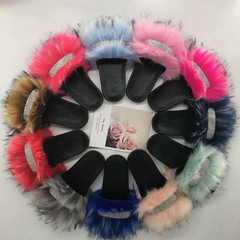 

Women's Slippers With Fur Fluffy Slippers Summer Flip Flops Fur Crystal Slippers Furry Slides For Women Sliders Shoes Sandals