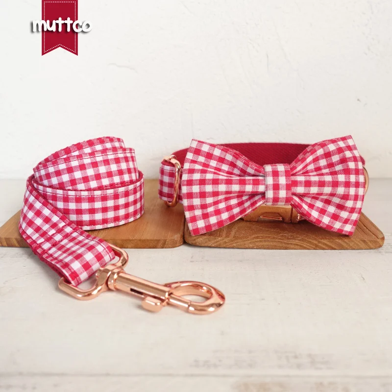 

MUTTCO retailing characteristic collar THE RED YUMMY PLAID creative stout dog collars and leashes with bow tie 5 sizes UDC047M