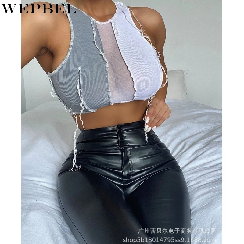 

WEPBEL Fashion Sleeveless Vest Women's Sexy Mesh Slim Fit Patchwork Vest Summer O-Neck Solid Color See-through Vest Top