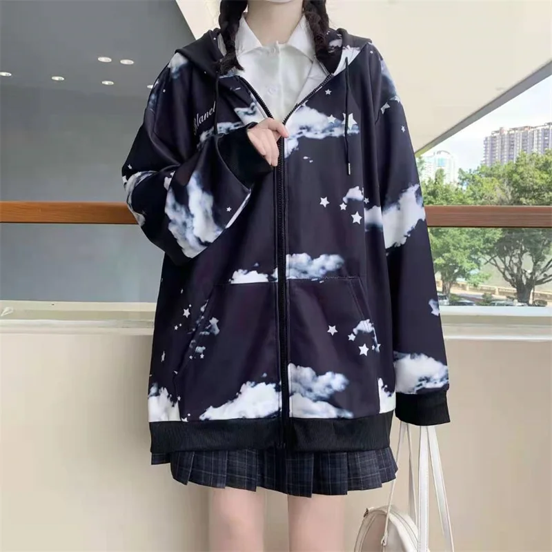

Autumn Oversized Hooded Cardigan With Zipper Korean Version Of Kawaii Cloud Pattern Printing Tie-Dye Loose Jacket Women