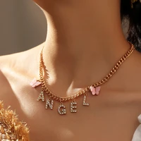 korean pink cute butterfly choker necklaces lady crystal angel letters pendant necklace for women fashion jewelry girl love gift