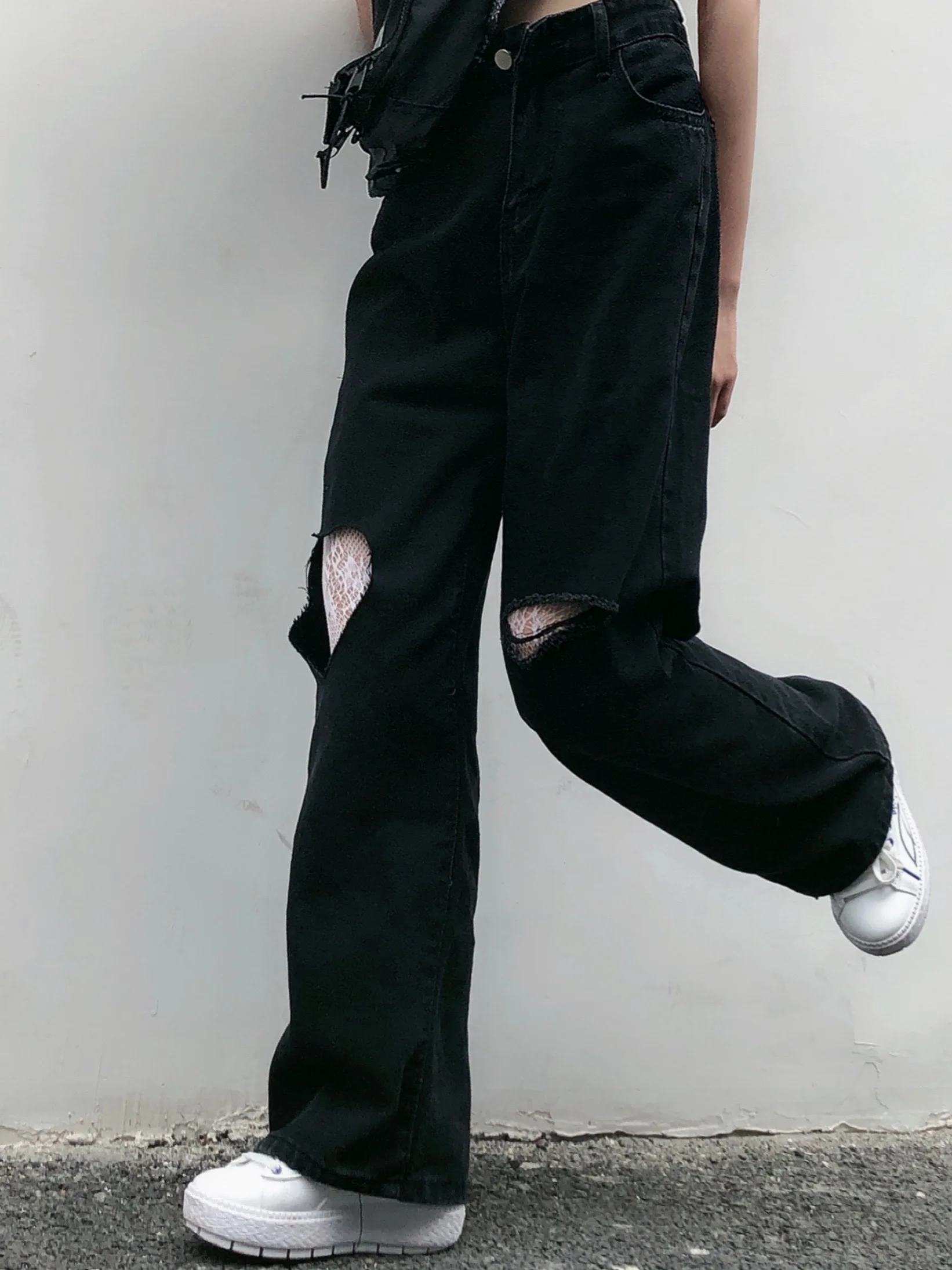 

Spring and summer Korean style loose high street love heart hole straight leg pants wide leg trousers jeans women