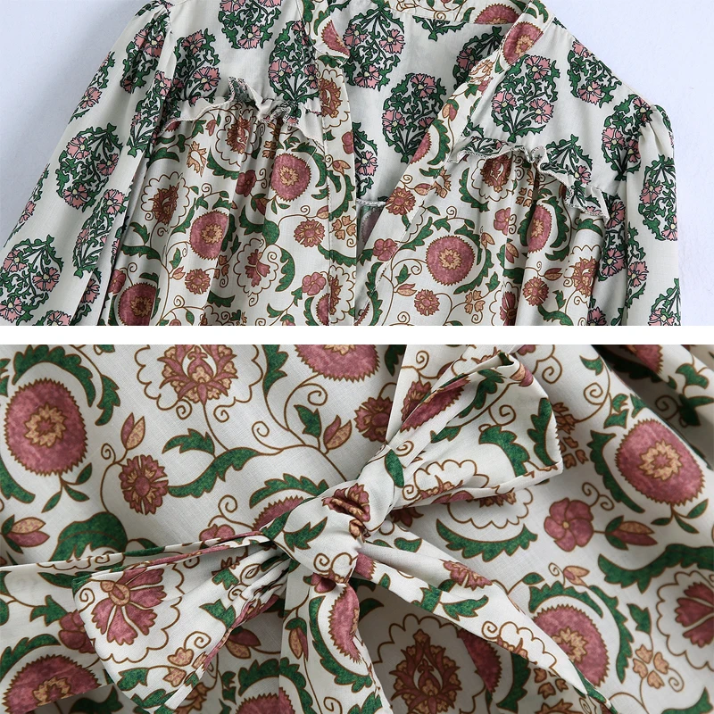 

Elegant Women Half Puff sleeve Long dress 2021 Summer Chiffon Print ruched Sashes Midi dresses Holiday Vestidos Chic YNZZU 1D042