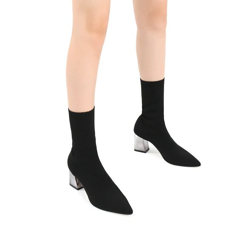 2019 Spring Autumn Socks Boots Pointed Shoes Woman Knit Elastic Martin Comfort Square High Heel Stretch Fabric Ankle | Обувь