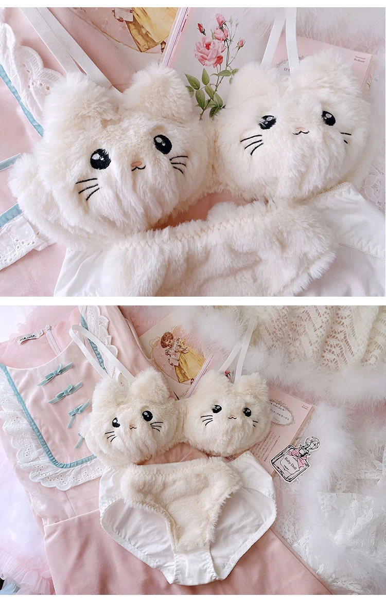 plus size underwear sets Japanese Kawaii Plush Women Bra Set Lovely Soft Student Lingerie Cute Cartoon Embroidery Cat Underwear Sexy No Steel Ring Set cute underwear sets
