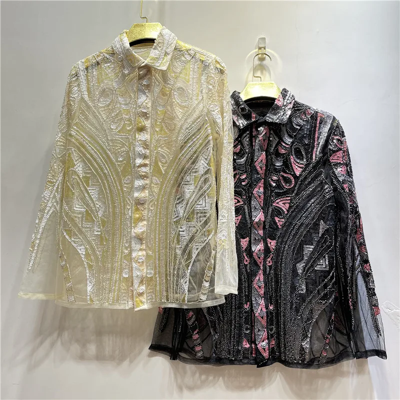

Women New Fashion Bohemian Style Patchwork Ruffles Black Blouse Female Casual Long Sleeve Loose Shirt Sequined beading Tops Chic