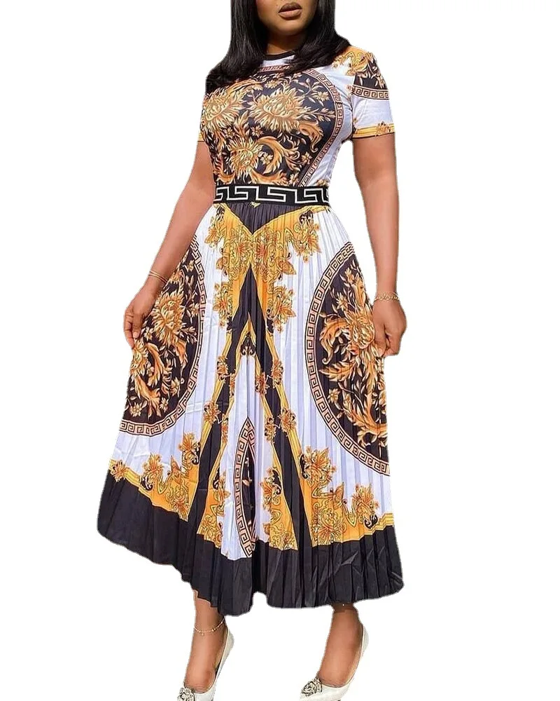

Summer New Large Size Fashion High Waist Long Skirt Printed Temperament Commuter Pleated Dress Ladies Casual O-neck Short Sleeve