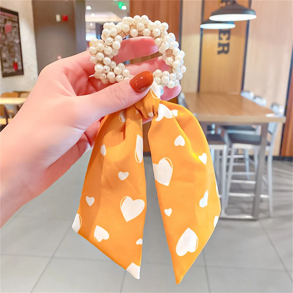 

2021 New Arrival Women Pearl Hair Ties Elegant Retro Ribbon Hairband Ponytail Holders Bow Headwear Cute Hair Accessories