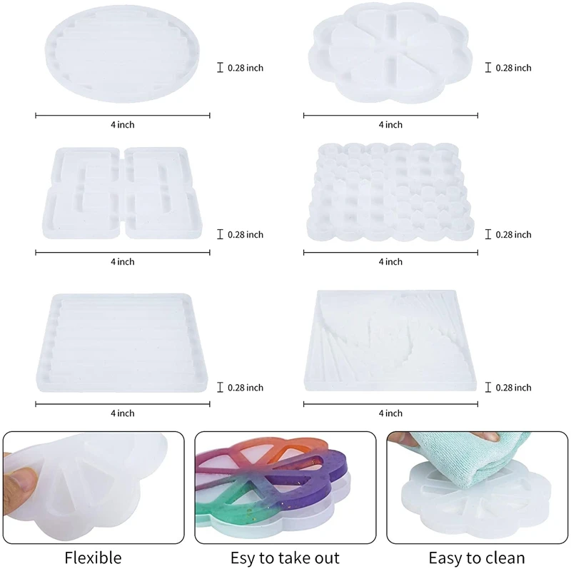 Coaster Molds For Resin Casting Silicone Epoxy DIY Square Round Cups Mats Mold Set | Дом и сад