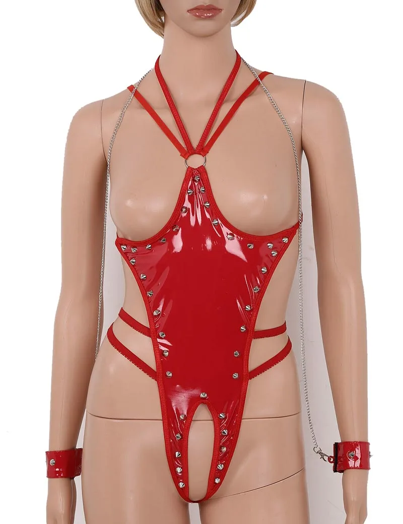 

Sexy PVC Leather Cupless Teddy Wet Look Body Harness Crotchless Bodysuit Chained Wrist Cuffs Mistress Fetish Costume