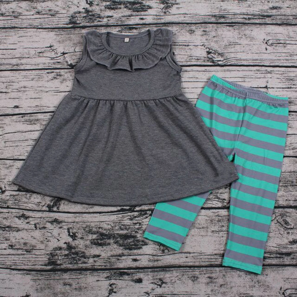 

Kids Boutique Summer Cotton Outfit Girls Grey Tunic Top Stripes Long Pants Clothing Set Baby Clothes