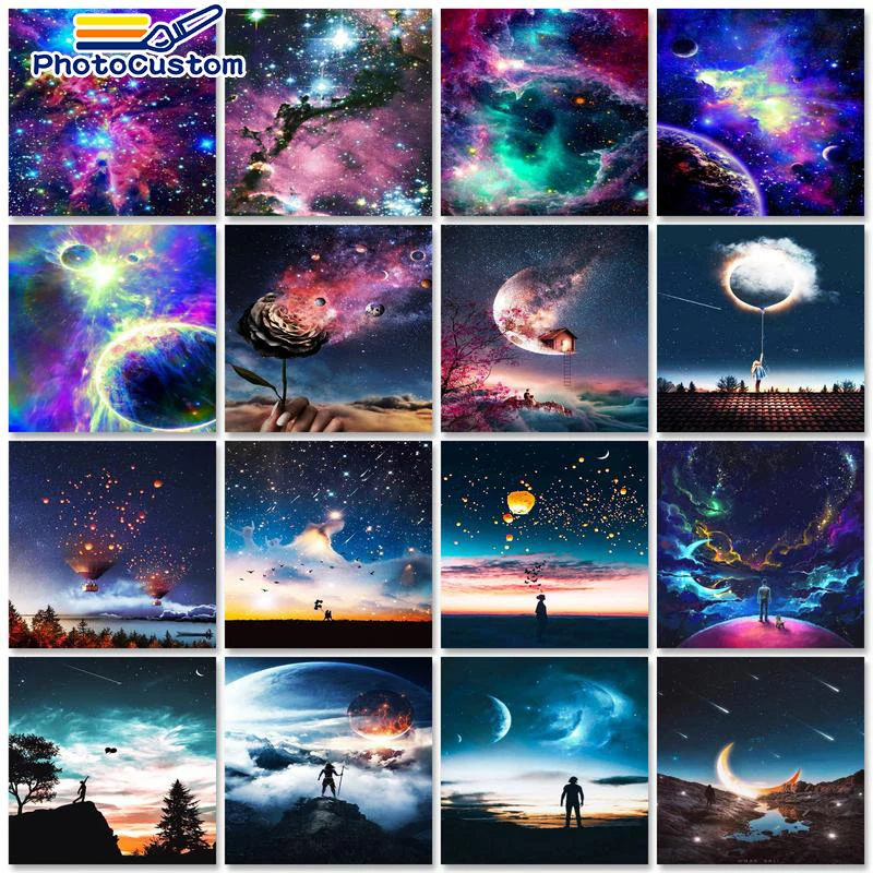 

PhotoCustom 60x75cm Paint By Numbers Starry sky Scenery DIY Oil Painting By Numbers On Canvas Frame Number Painting Home Decor