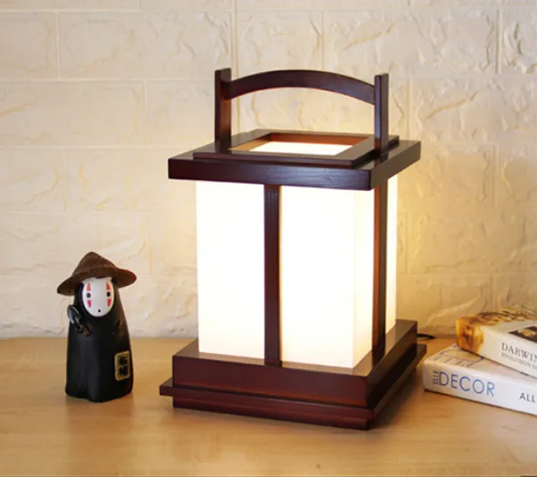 Japanese Tatami Style with Warm LED Max E27 Bulb Brown Wooden Desk Lamp Bedside Table Lamp Portable Lantern