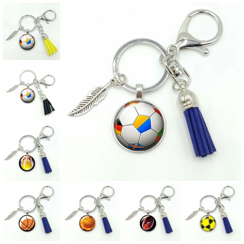 

2020 New Sports Style Various Basketball Football Series Glass Cabochon Tassel Fashion Keychain Pendant Popular Jewelry Gift