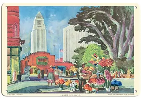 

Olvera Street - Los Angeles, California - United Air Lines - Airline Travel Poster by Millard Sheets c.1952- Metal Sign