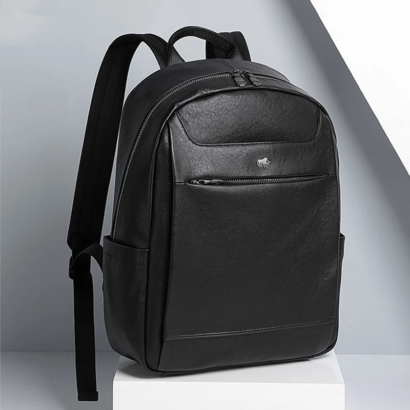 Bison Denim Fashion Backpack Black Genuine Leather 15 inches Laptop Bag Men Travel Backpack Schoolbag For Teenager Mochila