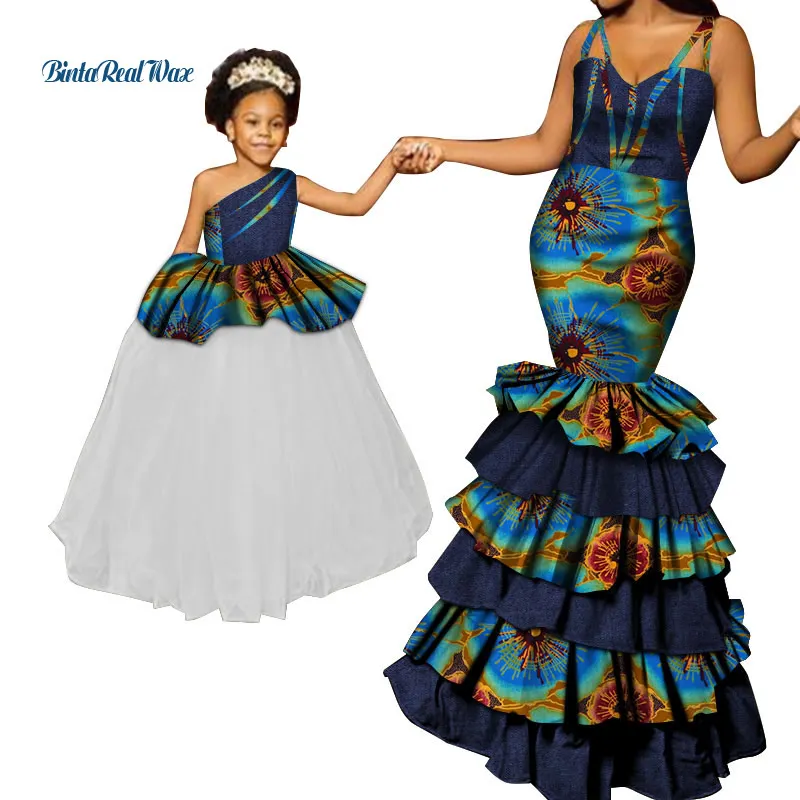 

African Clothes Ankara Print Long Dresses for Women With Lace Mom and Daughter Clothes Dashiki African Design Clothing WYQ288