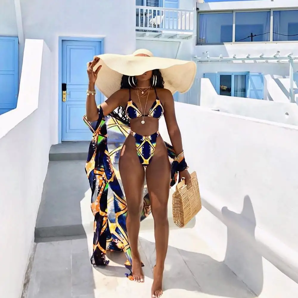Женский комплект бикини с этническим принтом купальный костюм высокой талией и