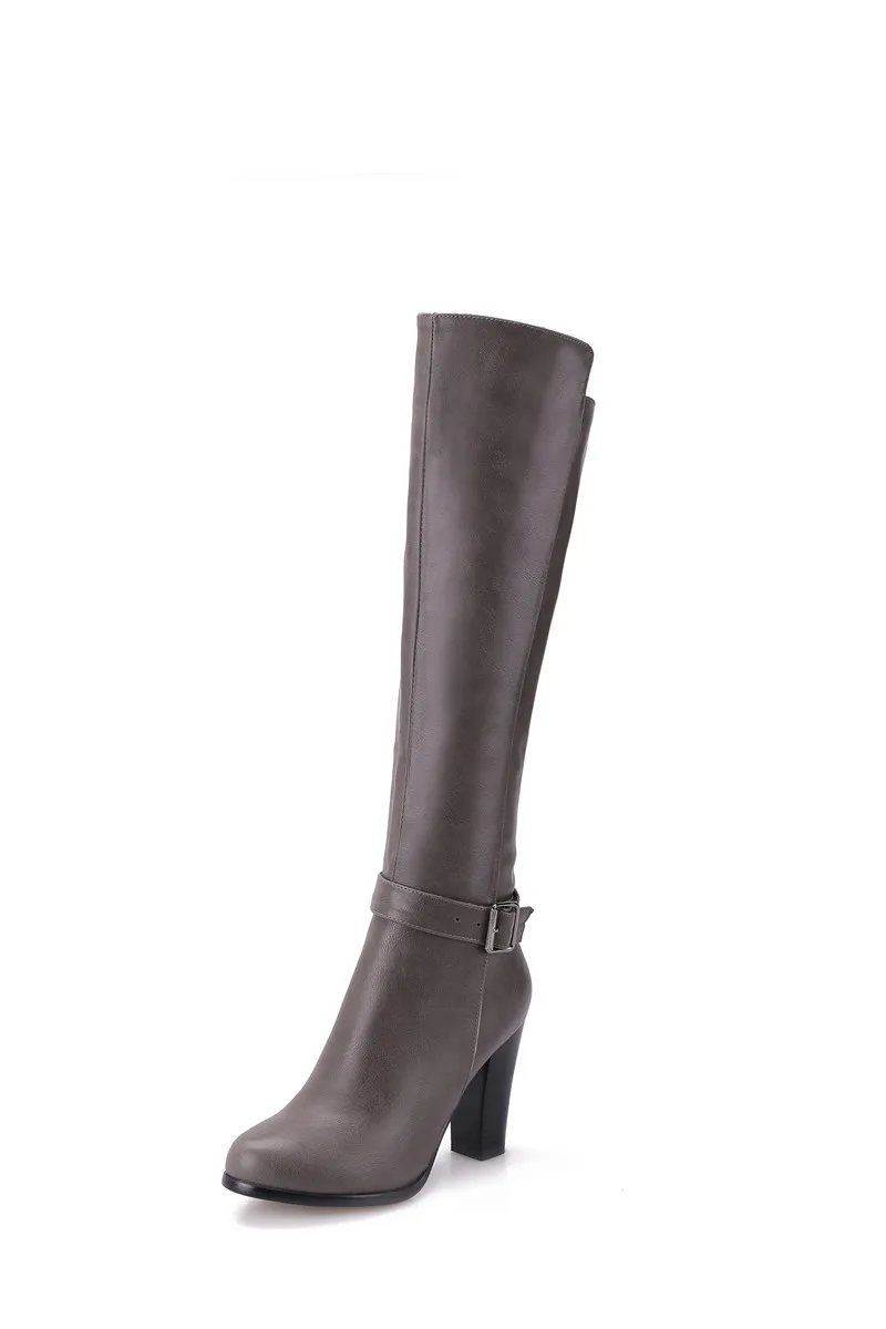 

2018 Retro Autumn Winter Chunky Block High Heels Ridding Boots Ladies Shoes Brown Knee High Buckle Long Boot Plus Size