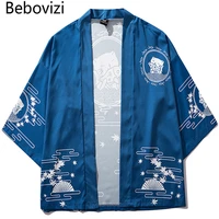 bebovizi japan style cat printed thin kimono men japanese streetwear blue jackets casual outerwear 2021
