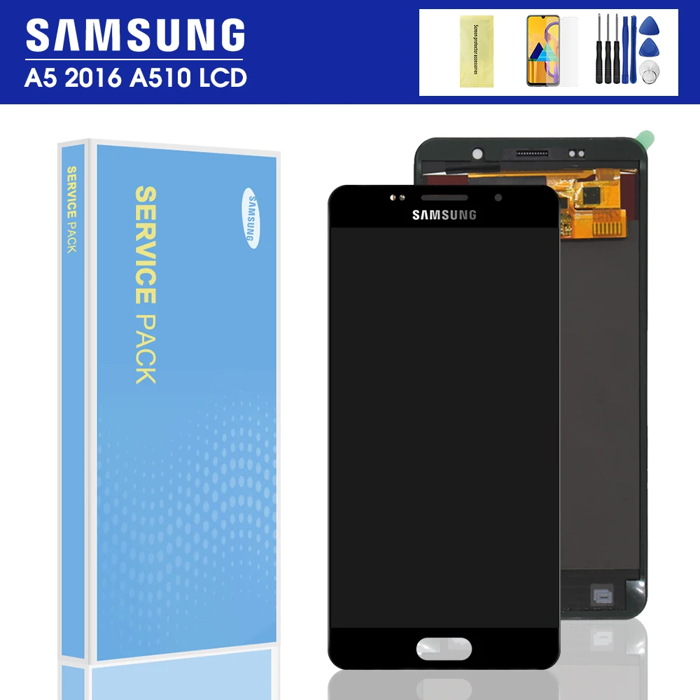 A510F ЖК-дисплей для Samsung Galaxy A5 A510 A510FD A510M A510Y ЖК-дисплей Дисплей кодирующий преобразователь сенсорного экрана в сборе для регулировки яркости