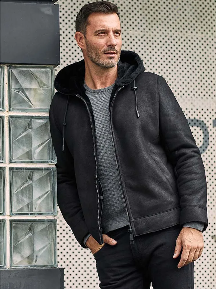 Куртка мужская короткая из овечьей шерсти черная повседневная зимняя