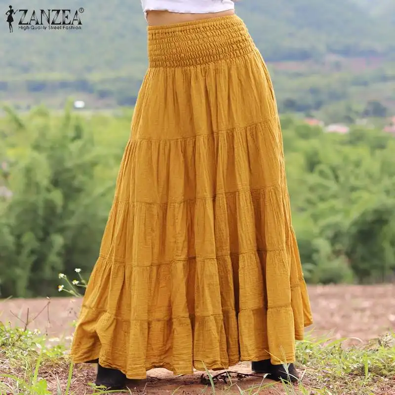 

Модные однотонные юбки, женский весенний сарафан 2021 ZANZEA, повседневные длинные платья с высокой талией, женское однотонное Плиссированное П...