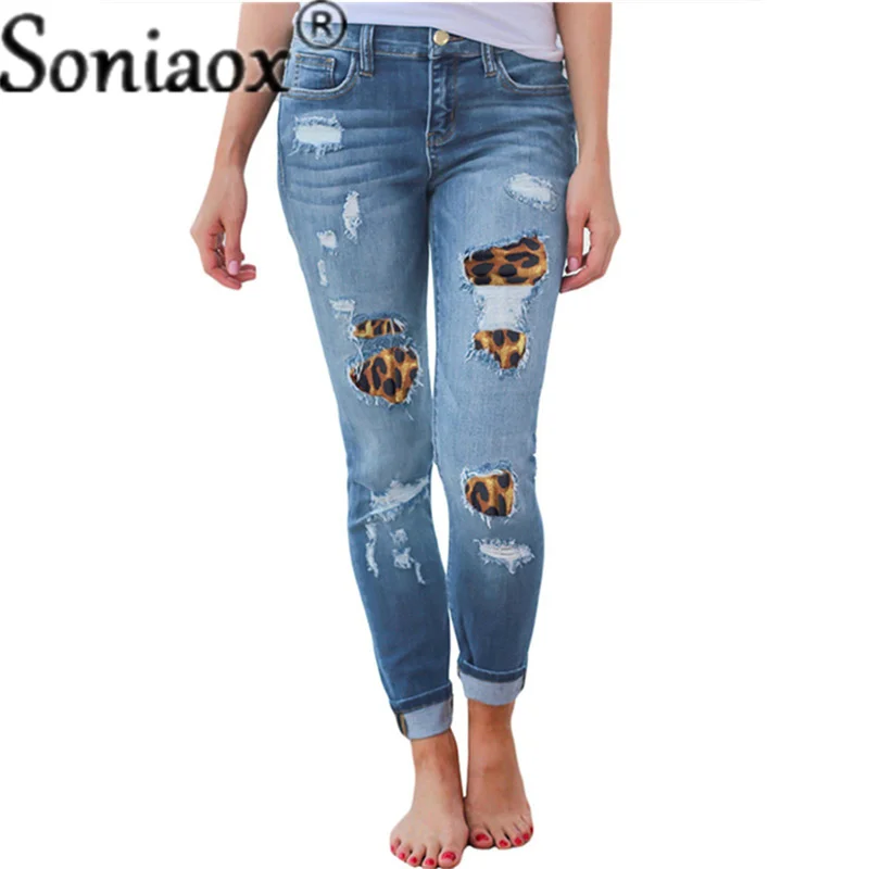 

2021 Autumn Winter New Womens Fashion Jeans Leopard Print Ripped Patch Stretch Pencil Denim Pants Ladies Casual Street Trousers