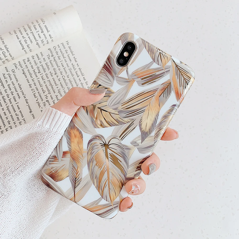 LOVECOM Electroplated Golden Leaf Phone Case For iPhone XR X XS Max 7 8 6 Plus Full Body Shell Soft Cover | Мобильные телефоны и