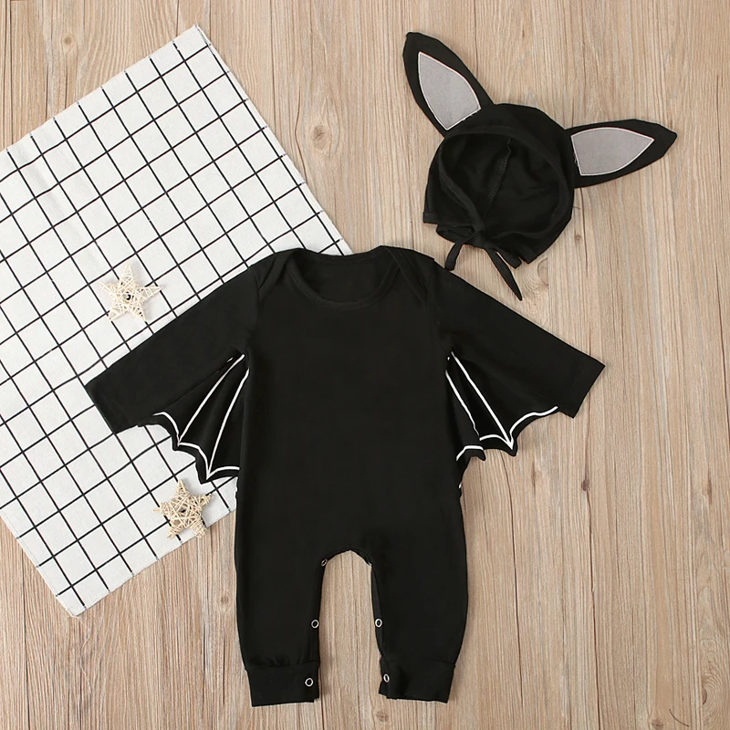 Halloween Newborn Baby Clothing Toddler Baby Boy Girls Halloween Bat Cosplay Costume Long Sleeve Romper Hat Outfits Set
