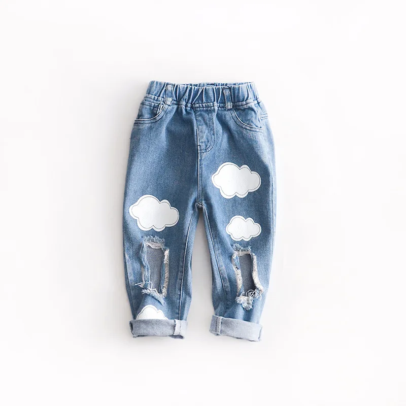 

Girls 4-12 Years Spring Autumn Jeans Denim Knee Holes Pants Casual Fashion Cartoon Clouds Elastic Waist Ankle Length Trousers