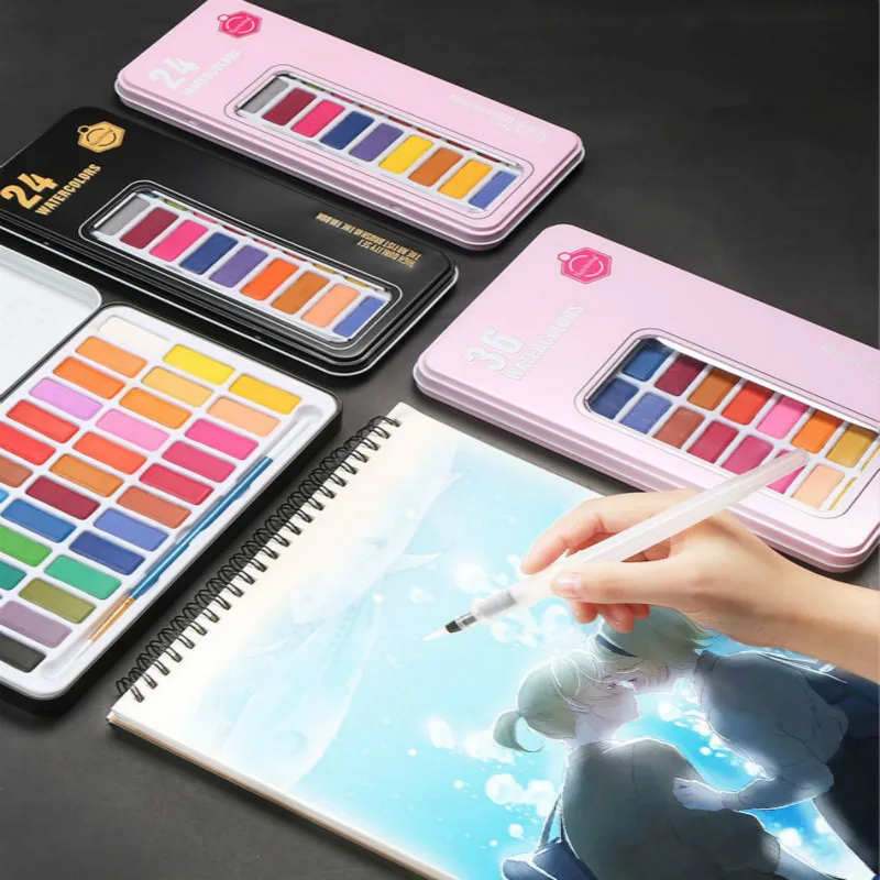 

24 36 colorWatercolor Pigment Set Watercolor Paint Student Hand-painted Portable Painting Set Iron Box water color art supplies